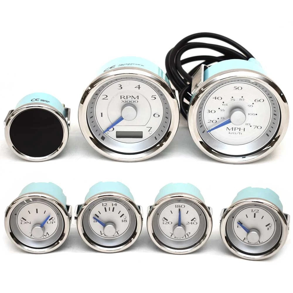 VeeThree Boat Gauge Set - Metallic Silver - Blue Evinrude (set of 7)