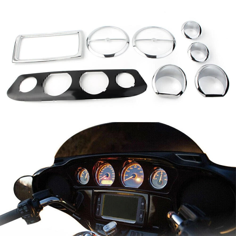 8pc Chrome Gauge Bezel Trim Mount Plate for Harley Touring Electra Glide 2014-up