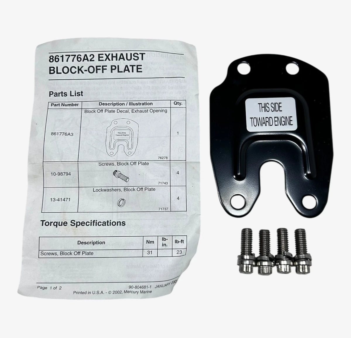 Mercury Marine 861776A2, Exhaust Block - Off Plate, OEM