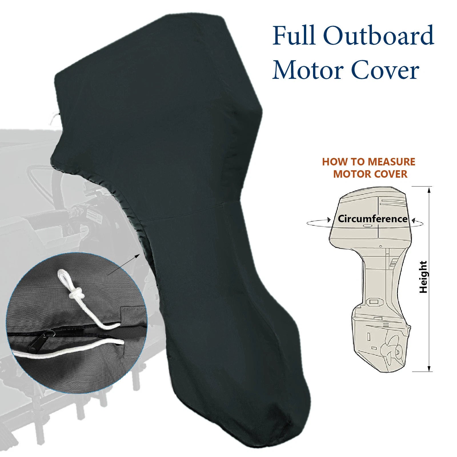 Boat Full Outboard Engine Motor Cover Fits Up to 175-225HP Black 600D Waterproof