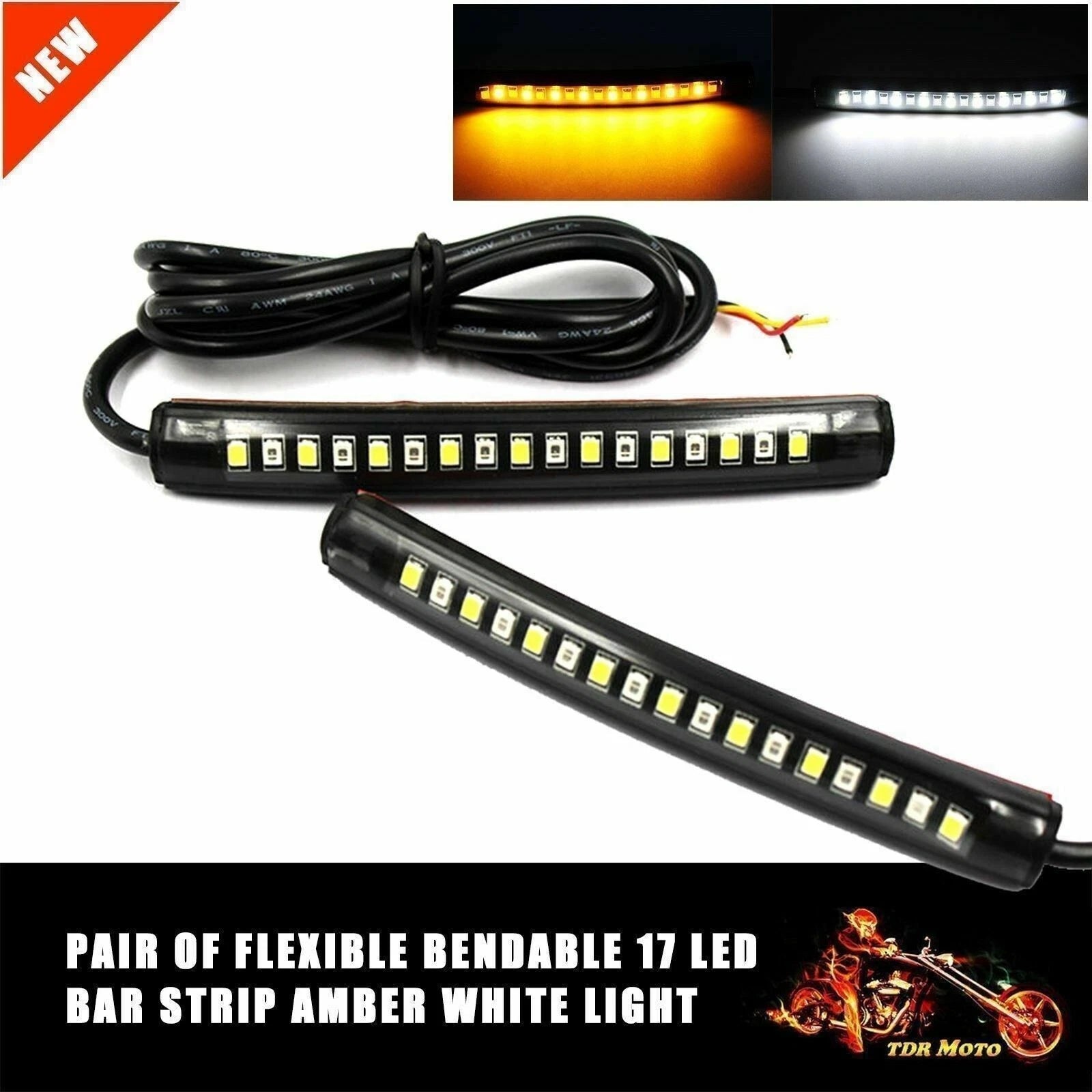 2 X Universal 12V 17 LED Motorcycle Light White Amber Running Turn Signal Strips