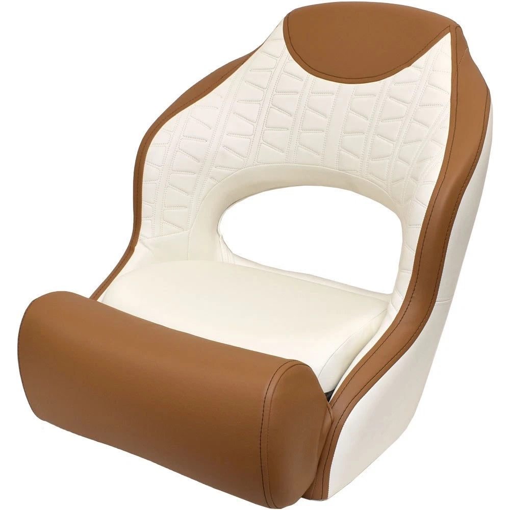 Boat Helm Seat with Flip-Up Bolster - Cream - Brown Patterned Stitch