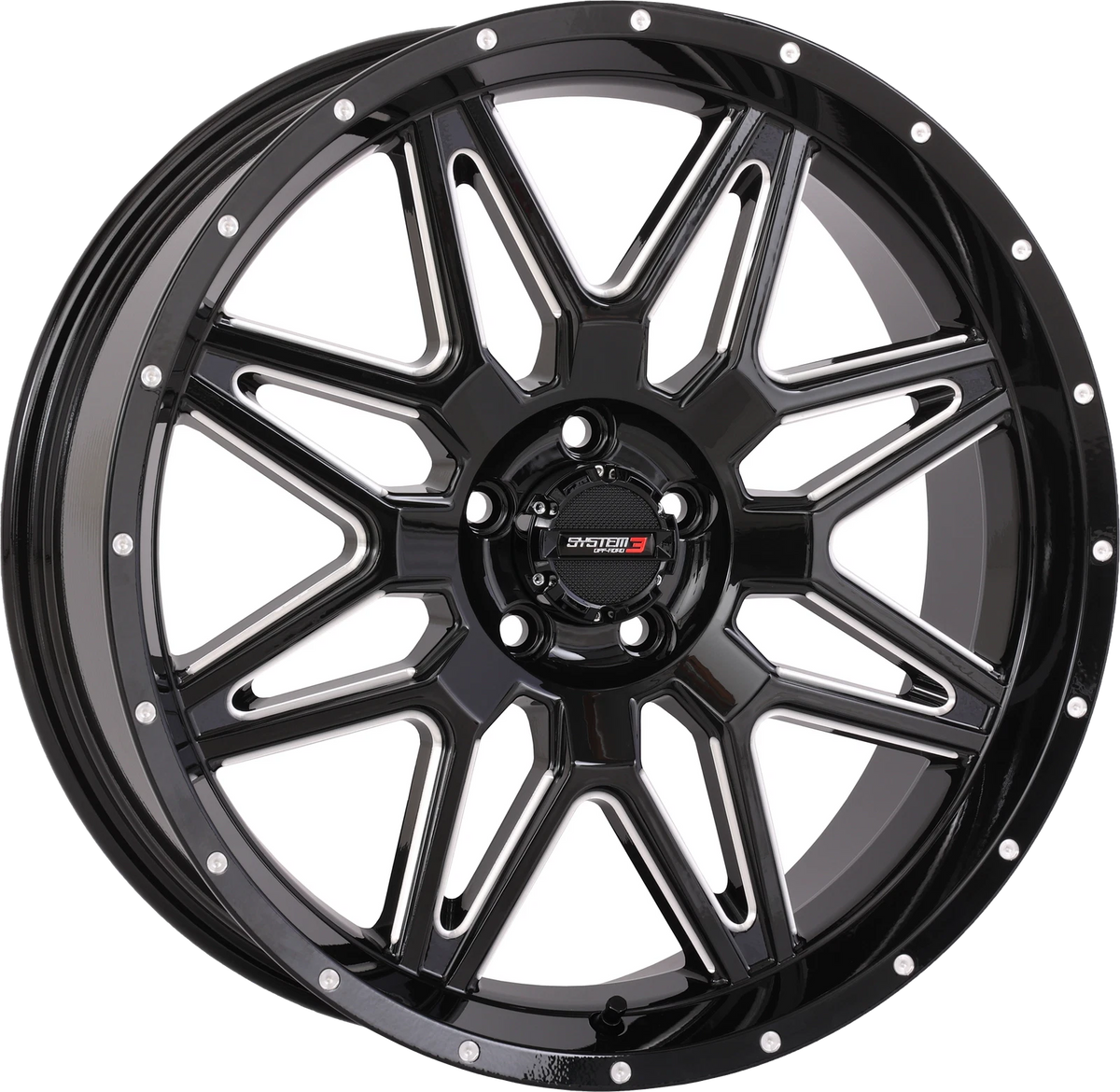 SYSTEM 3 St7 Wheel 20x7 4+3 +10mm Offset for ATV/UTV, Gloss Black/Machined