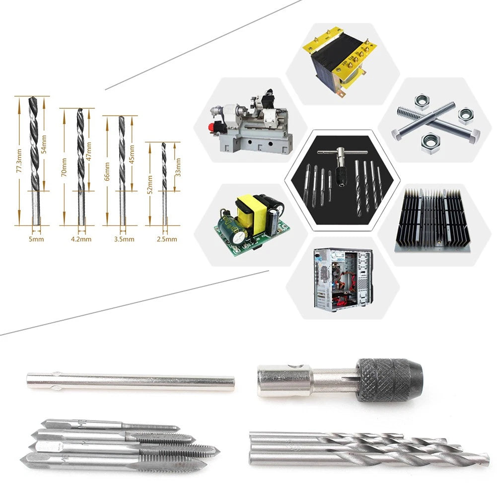 9pcs M3-M6 Machine Screw Metric Reamer Tap T-Handle Wrench Twist Drill Bit Set