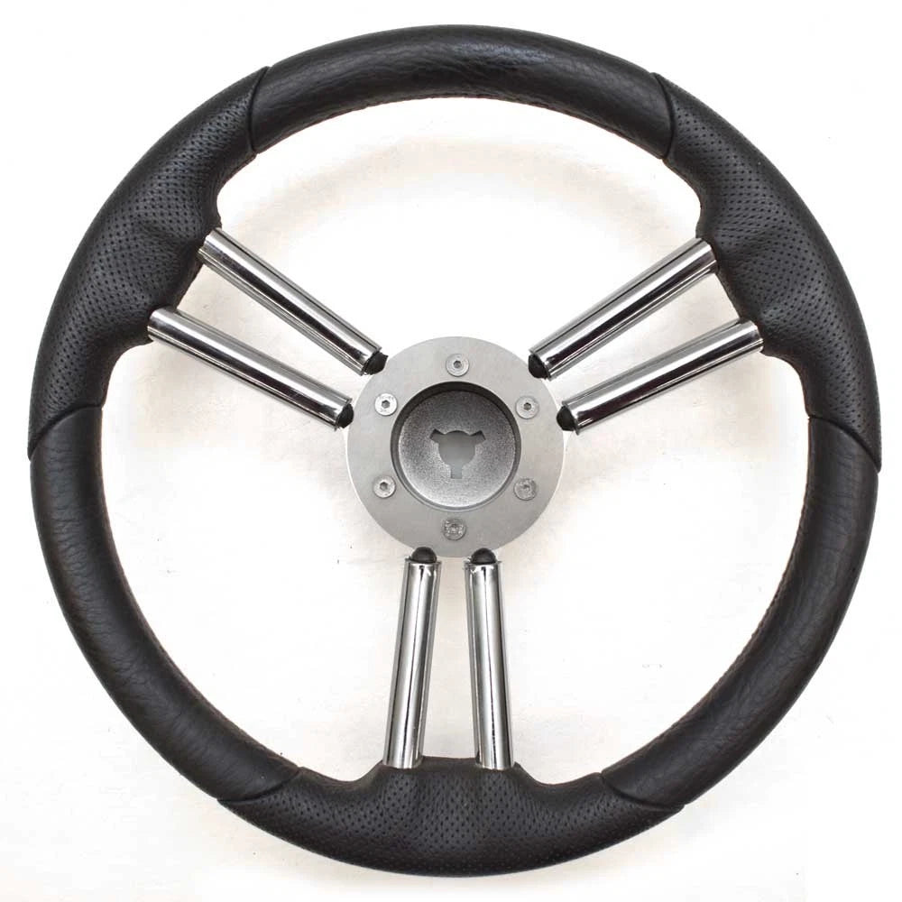 Boat Steering Wheel - 14 Inch Black Silver 3/4 Inch Keyway