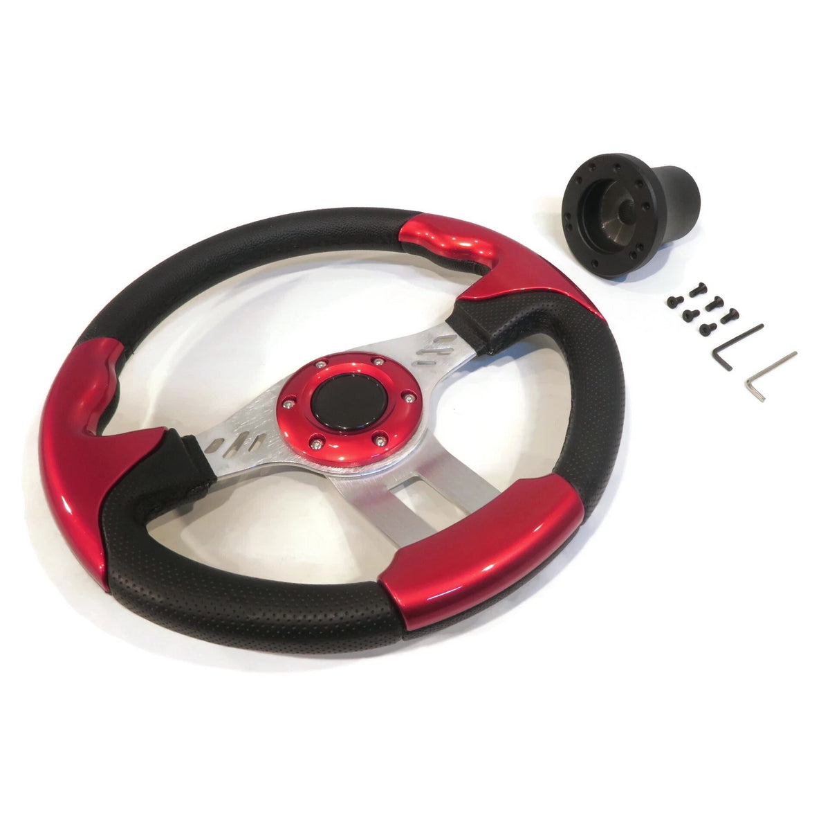 Hub Adapter & 13" Red & Chrome Steering Wheel with Allen Wrench for 1/4" Bolts