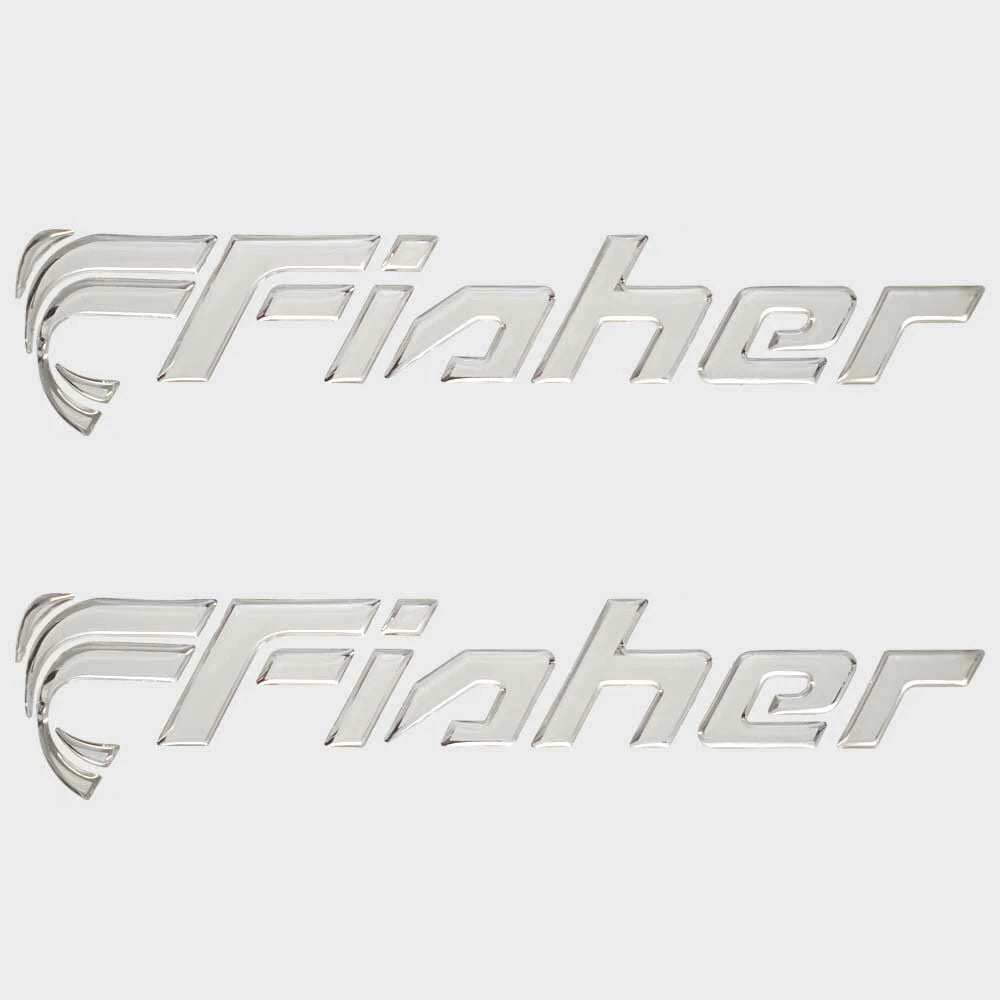 Fisher Boat Raised Emblem Decals - Silver - White Vinyl Sticker (pair)