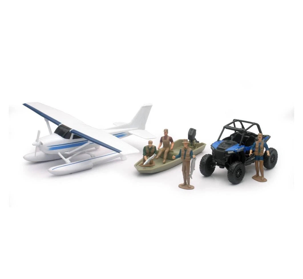 NEWRAY DIE CAST MODEL ADVENTURE & POLARIS RZR, & FLOAT PLANE SET, SCALE 1:32
