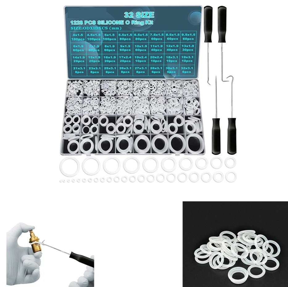 Silicone O Rings Assortment 1228 Pcs 32 Sizes Clear White with Hook Tool