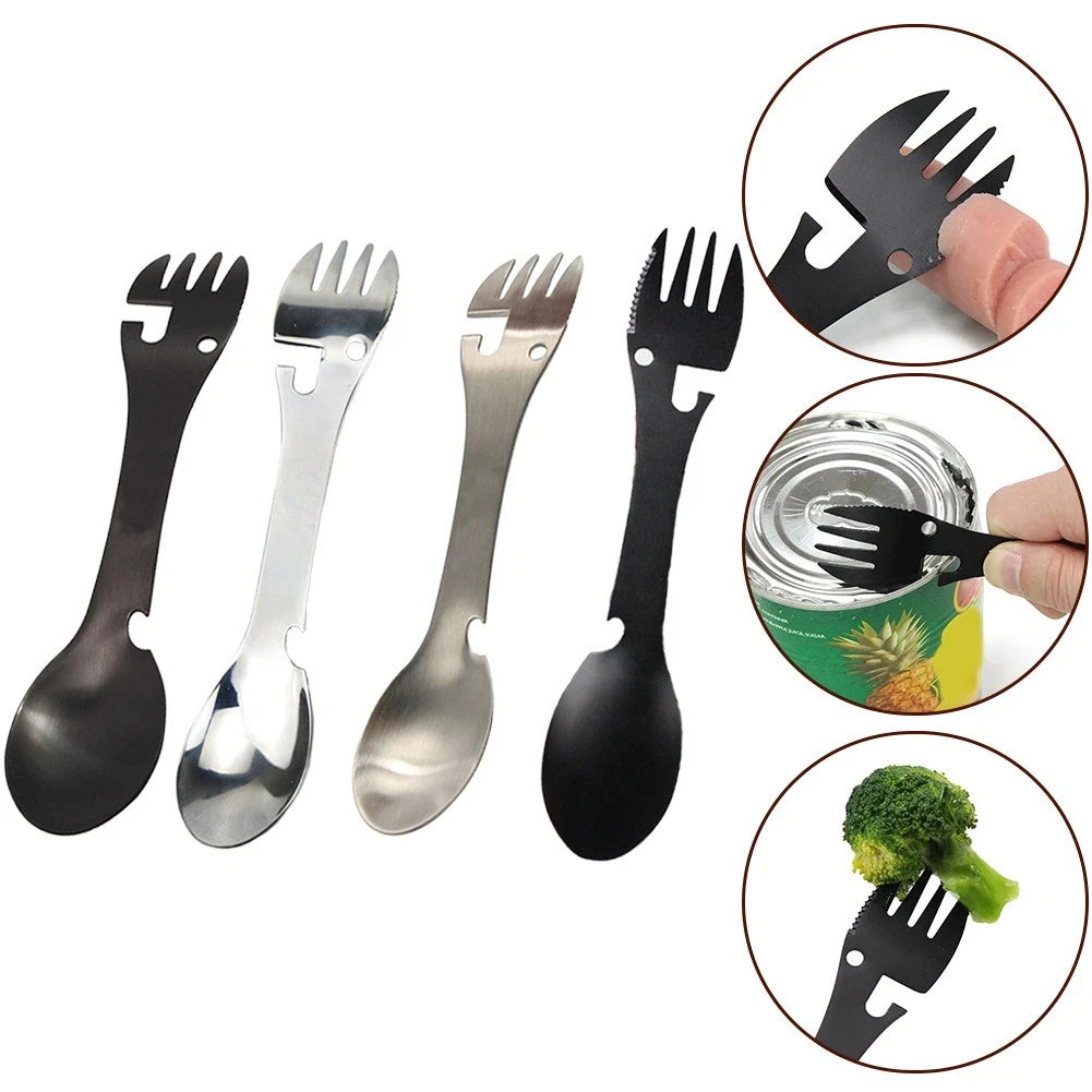 Multifunctiona L Camping Fork Spoon 5 in 1 Tool Rust Resistant Stainless Steel
