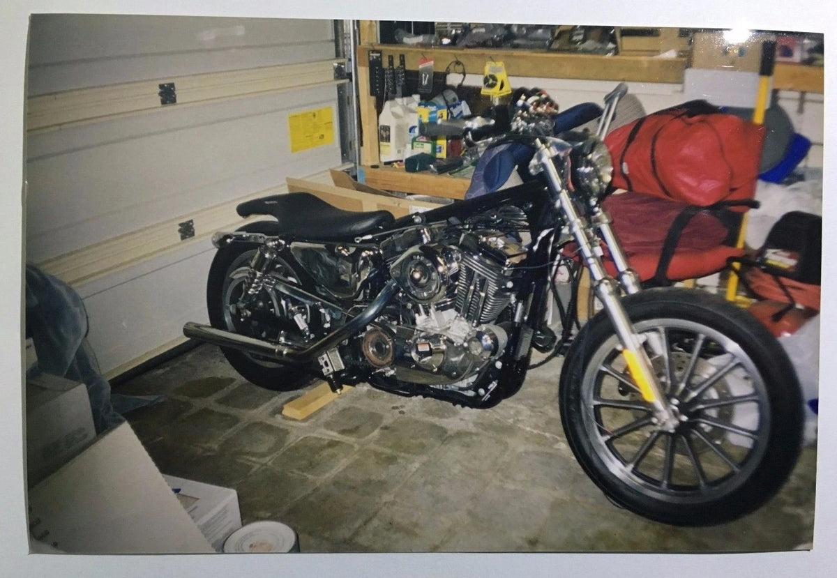 Vintage PHOTO of a Custom Harley Davidson Motorcycle Getting Worked on in Garage