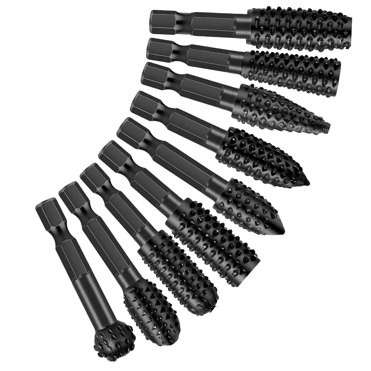 1/4" 6.35mm Shank Rotary Burr Wood Carving File Rasp Drill Bits Tool 10 Pcs Set