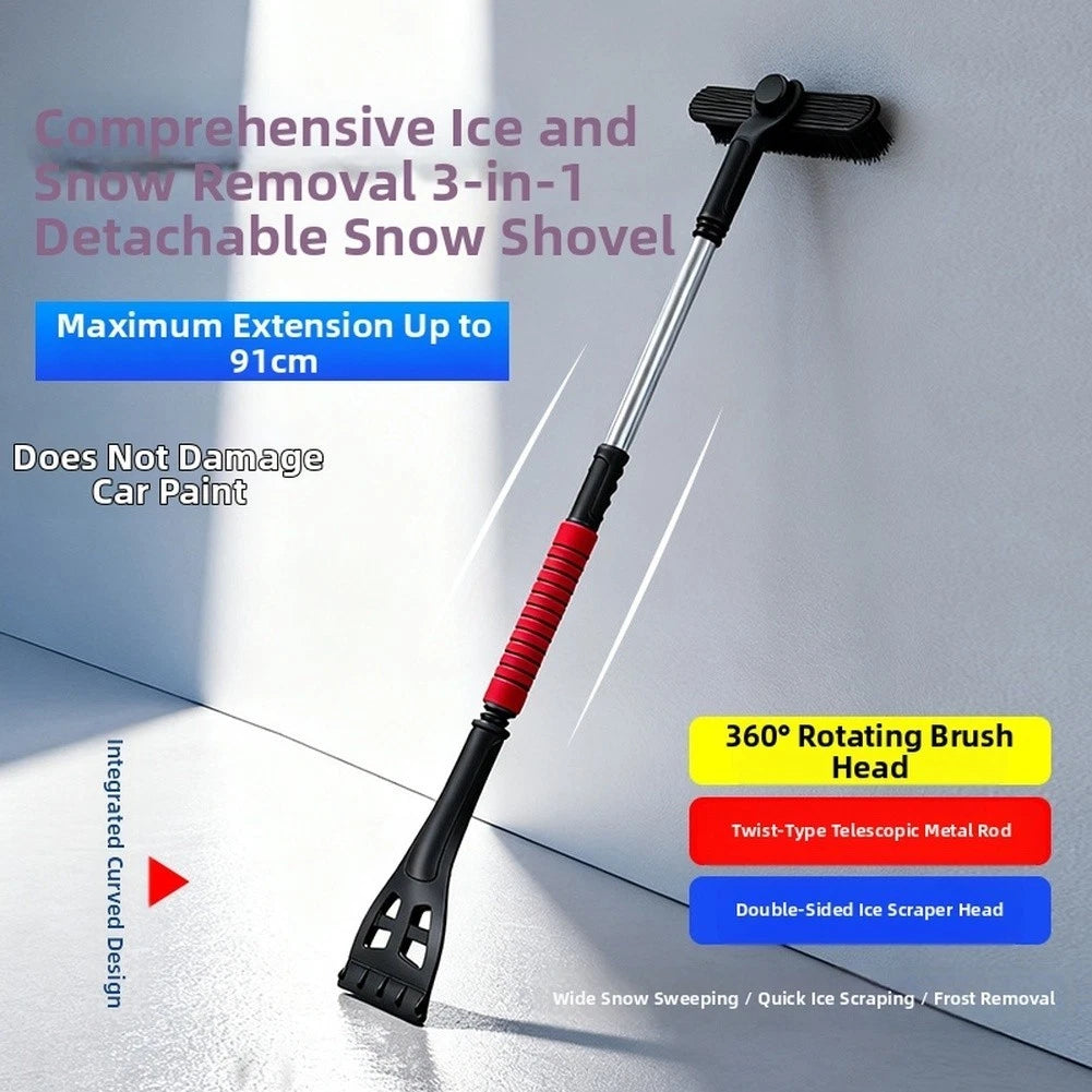 Rotatable Brush Head Snow Removal Tool with Extendable Telescopic Pole for Cars