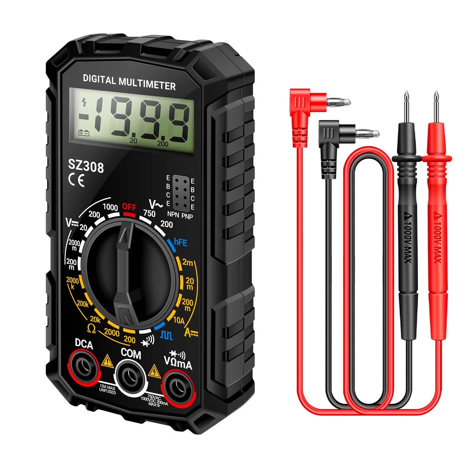 Digital Multimeter with Probes for AC DC Voltage Current Resistance Measurement