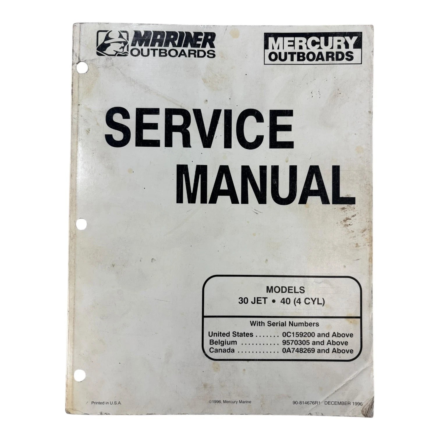 Mercury Mariner Outboards 90-814676R1, 30 Jet/40 4 CYL Service Manual (1996)
