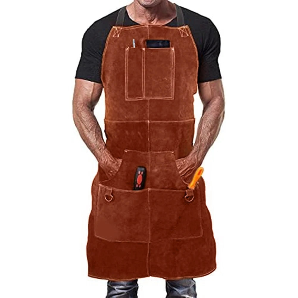 Multipurpose Leather Welding Apron with 6 Pockets for Tools and Accessories