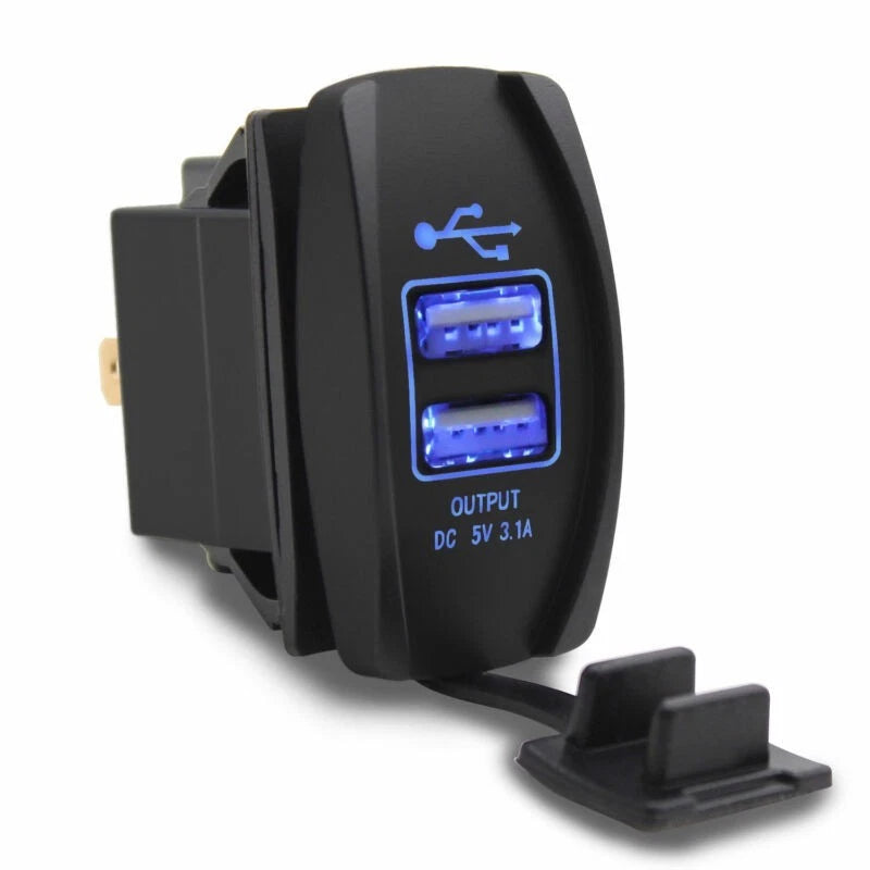 Unique Dual USB Charger with ARB Rocker Switch Blue LED Light for Car Boat