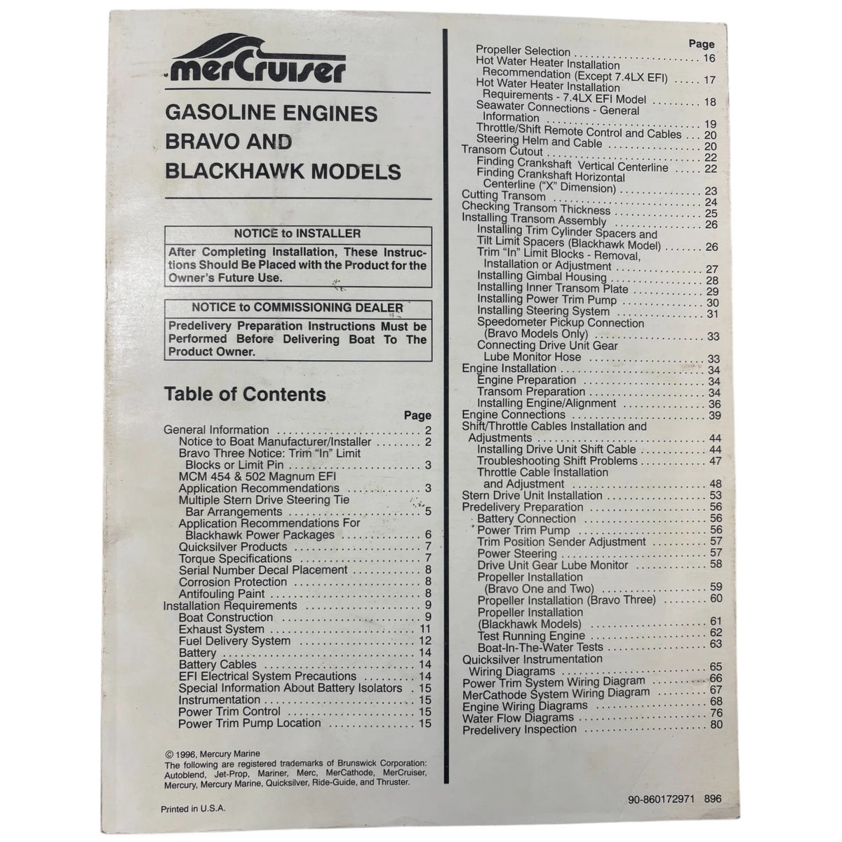 MerCruiser 90-860172971, Bravo and Blackhawk Gasoline Engine Installation Manual