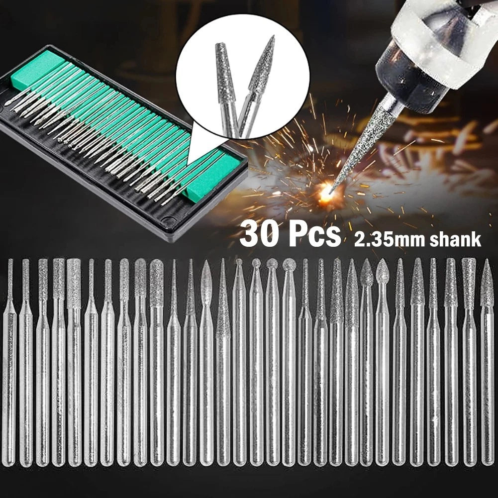 30pcs 2.35mm Shank Diamond Burs Set with Box for Electric Grinder Power Tools