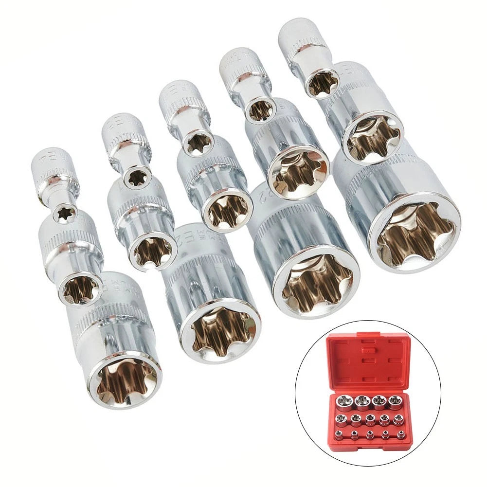 14 Pcs Fortorx Star Female Bit Socket Set 1/2 3/8 1/4 Drive E4 -E24 with Case