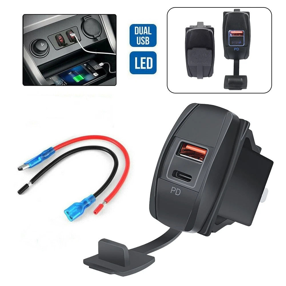 Rocker Switch Dual USB Charger for Pd and for QC3.0 for Port with LED Socket