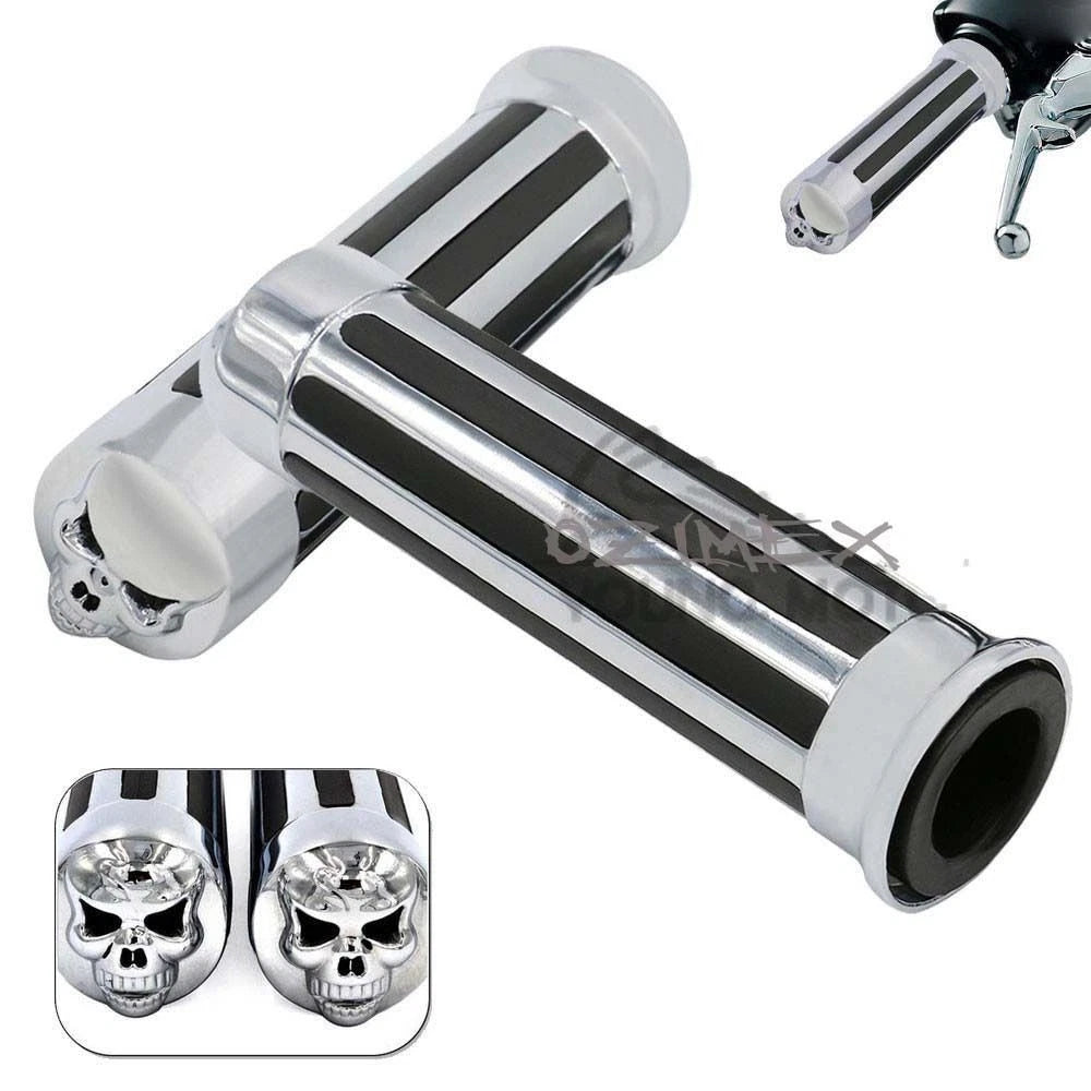 1" 25mm Chrome Billet Aluminum Skull Motorcycle Handgrips Harley Street Glide