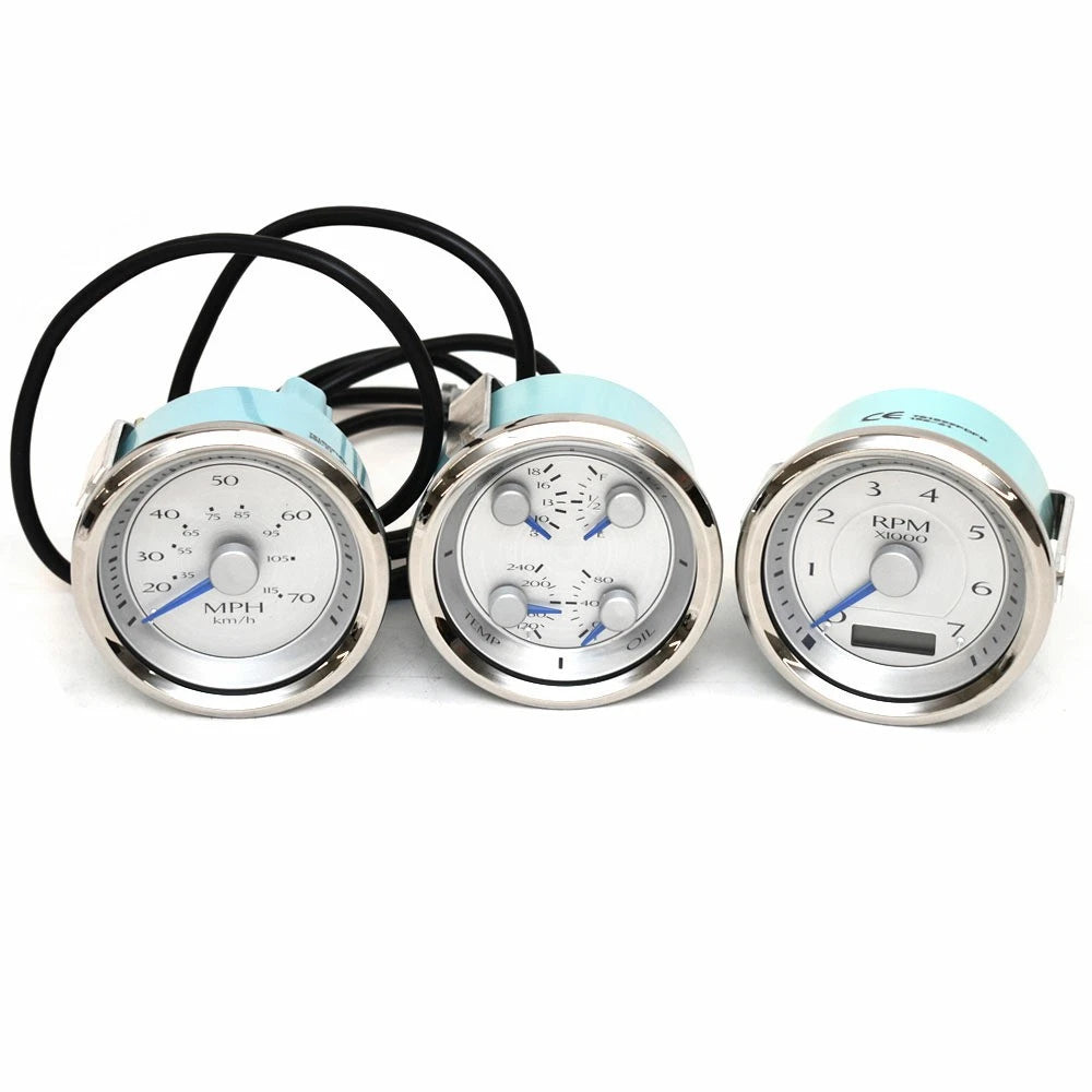 Boat Tachometer Speedometer Gauge Set - Silver Blue 3 1/4 Inch (3 PC)