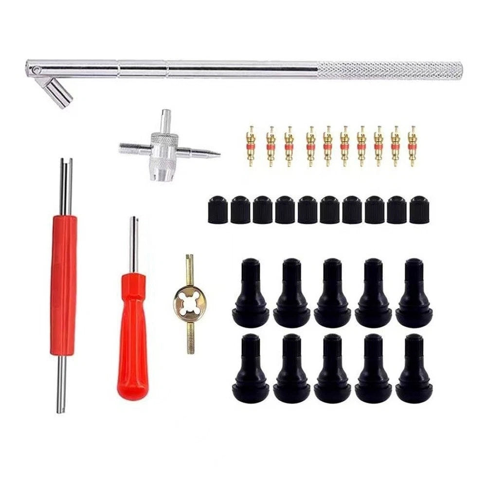 Tire Valve Stem Installation Tool Kit with Valve Core Wrench Steel Rod Set