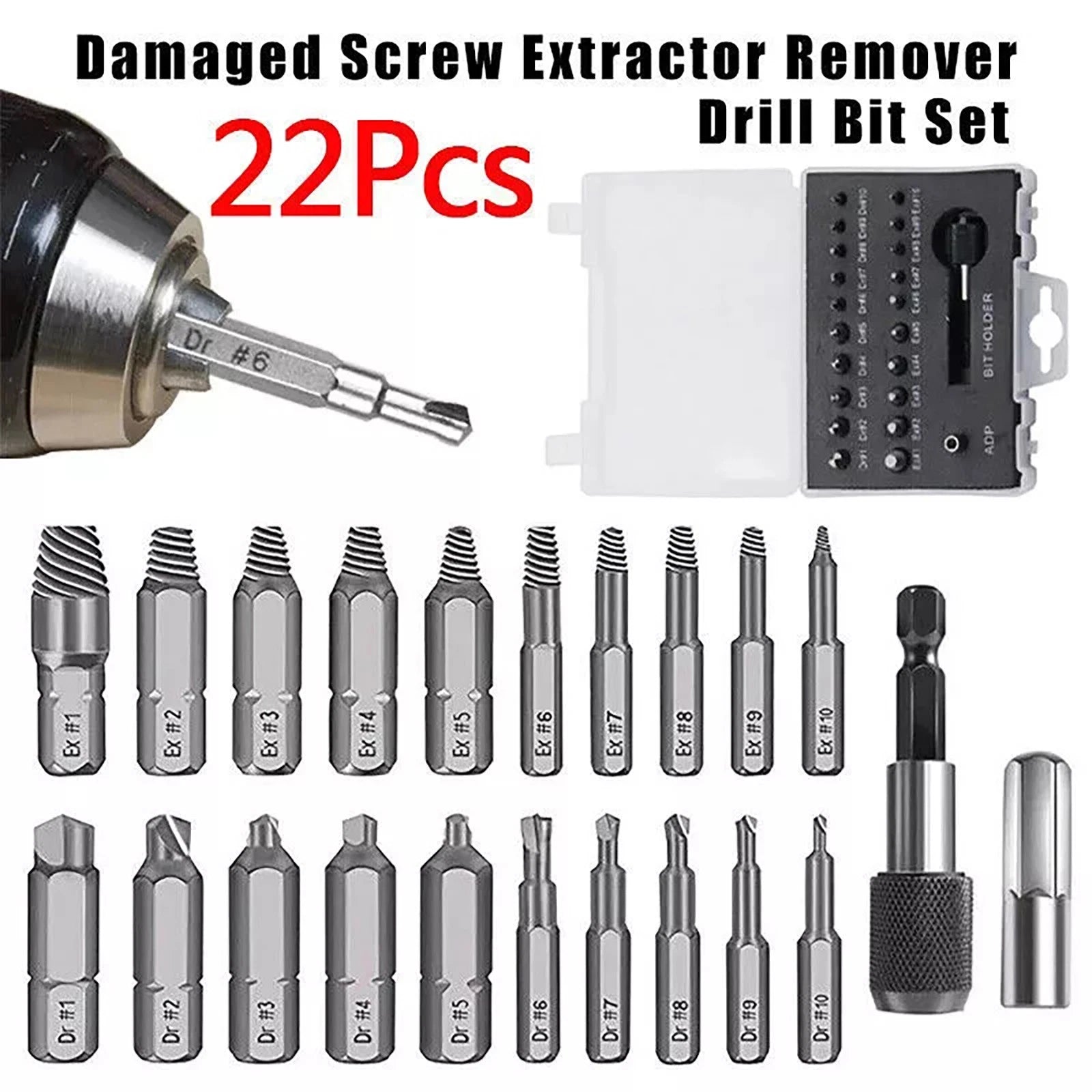 22PC Screw Extractor Remover Set Easy Out Damaged Stripped Drill Bits Bolt