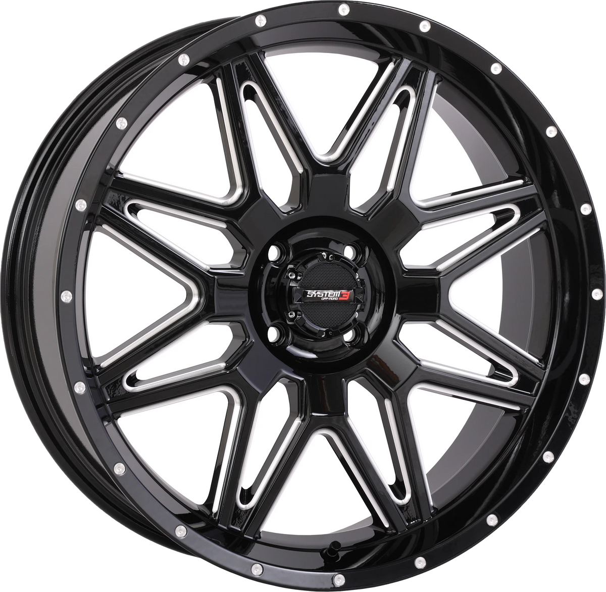 SYSTEM 3 St7 Wheel 20x7 4+3 +10mm 4/110 Gloss Black Milled for ATV/UTV