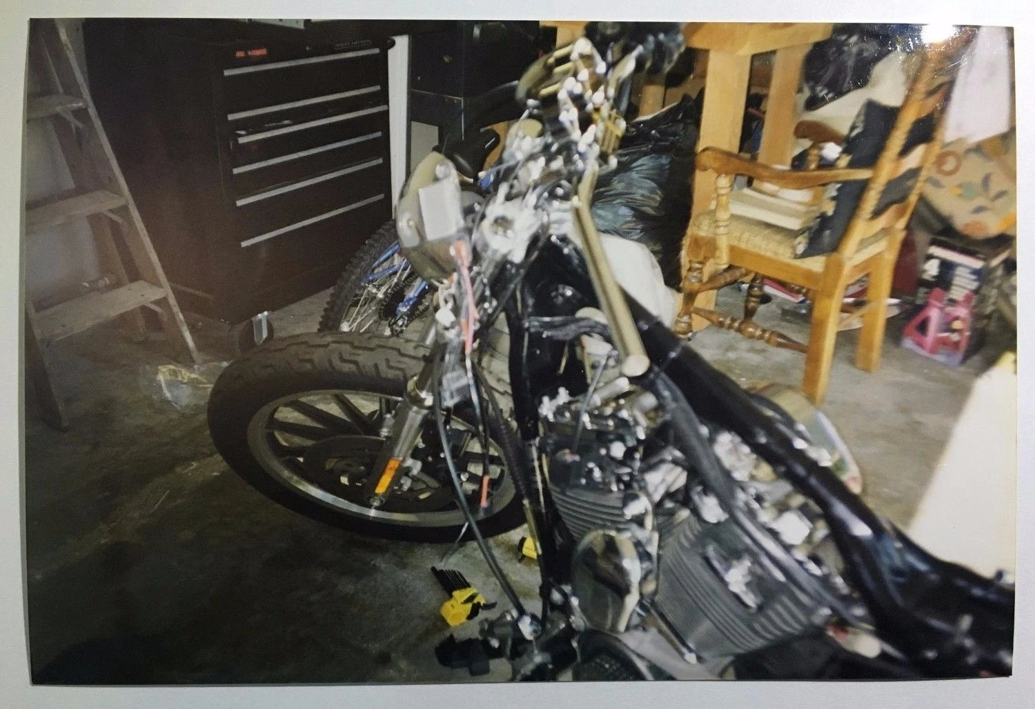 Vintage PHOTO of a Custom Harley Davidson Motorcycle Being Worked on in Garage