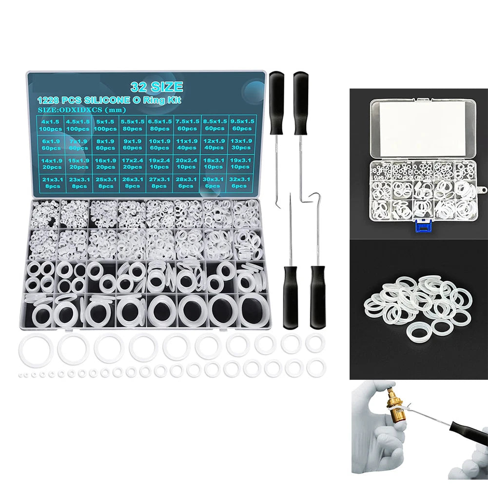1228 Pieces Silicone O Rings Kit 32 Sizes Clear White for Vehicle Maintenance