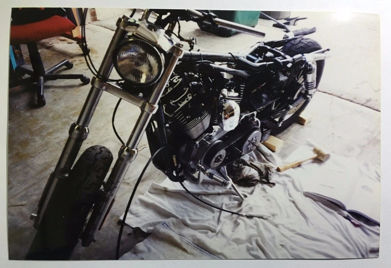 Vintage PHOTO of a Custom Harley Davidson Motorcycle and a Mallet Laying Next