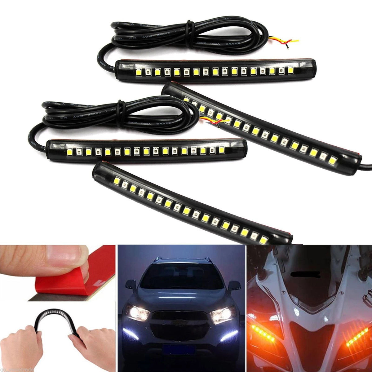 4 X 12V 17 LED Strips for Motorcycle Car Light White Amber Turn Signal ATV Moped