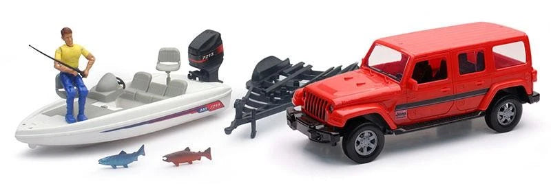 NEWRAY DIE CAST MODEL JEEP WITH TRAILOR & FISHINJG BOAT SET, SCALE 1:20